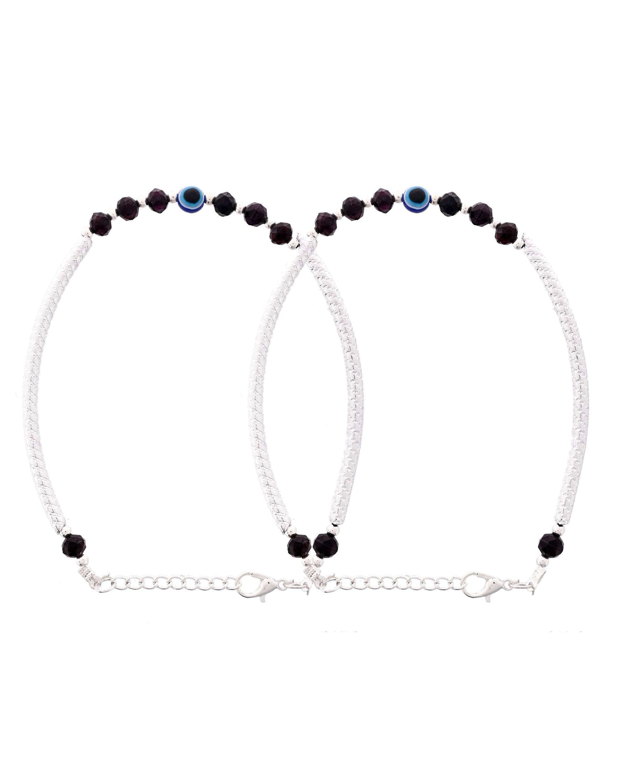 Jewels Nest Set of 2 Silver-Tone Stainless Steel Evil Eye Anklets with Beads | Grocsy