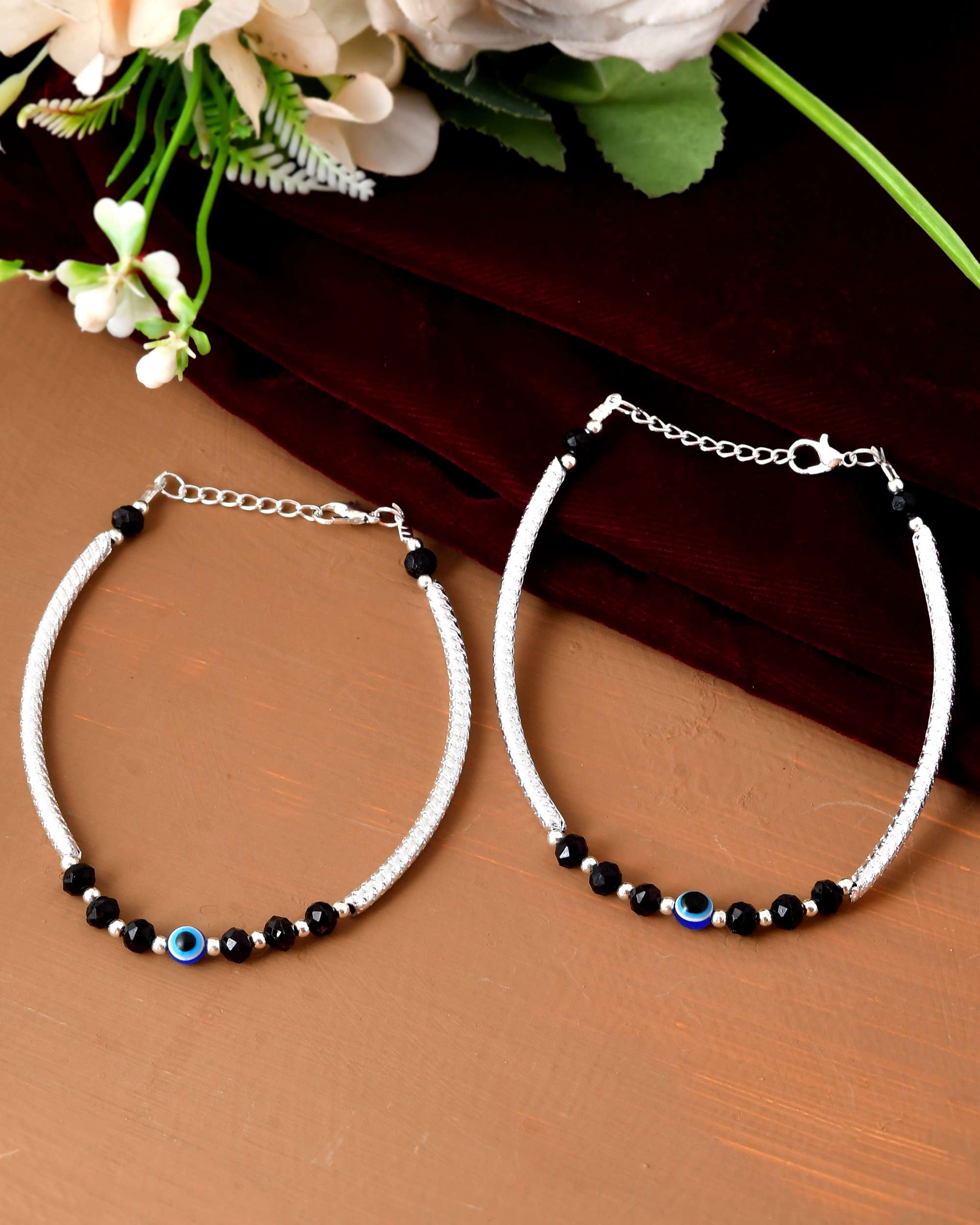 Jewels Nest Set of 2 Silver-Tone Stainless Steel Evil Eye Anklets with Beads | Grocsy