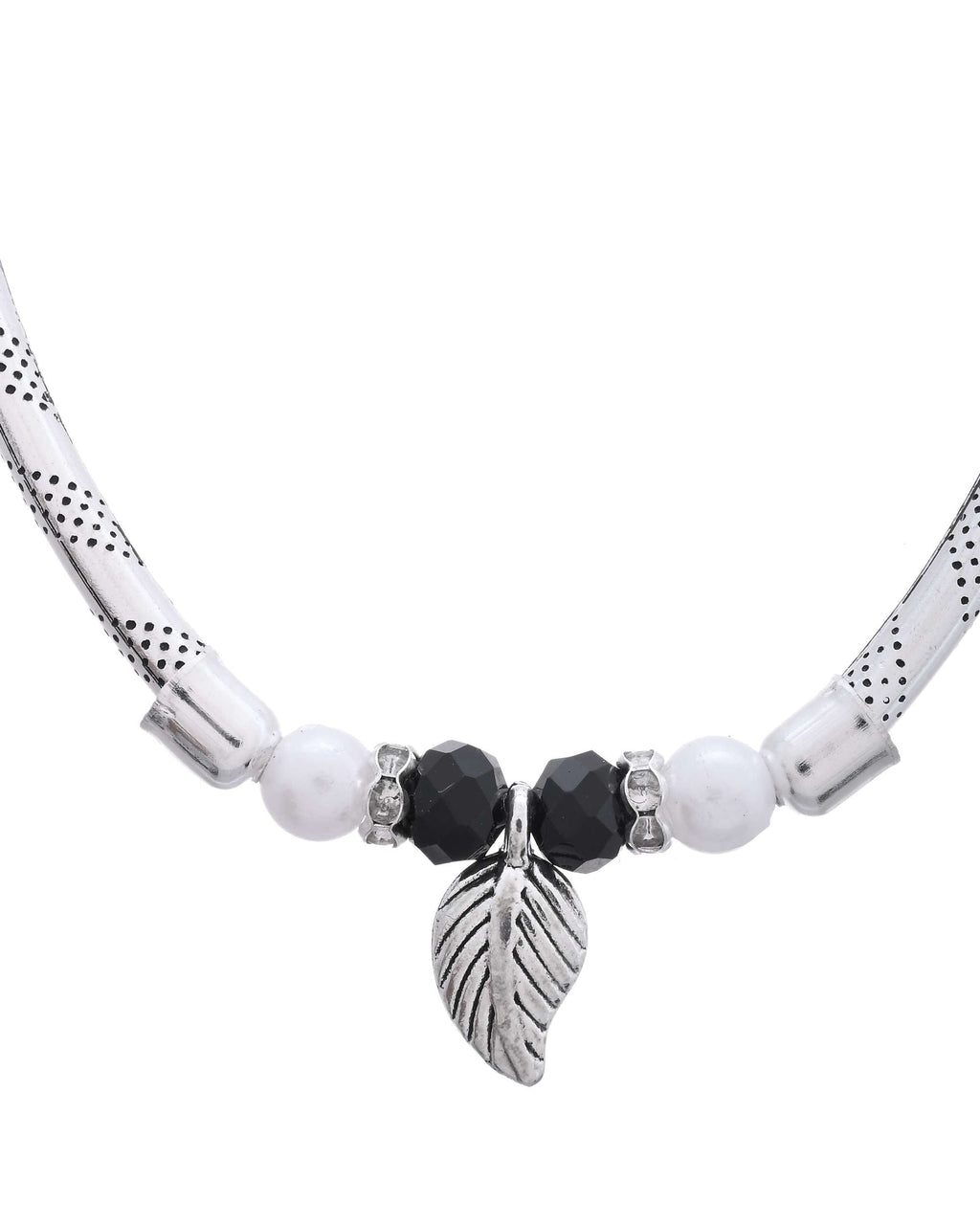Jewels Nest Set of 2 Silver-Plated Black & White Beaded Anklets with Leaf Charm | Grocsy