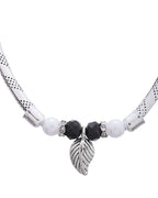 Jewels Nest Set of 2 Silver-Plated Black & White Beaded Anklets with Leaf Charm | Grocsy