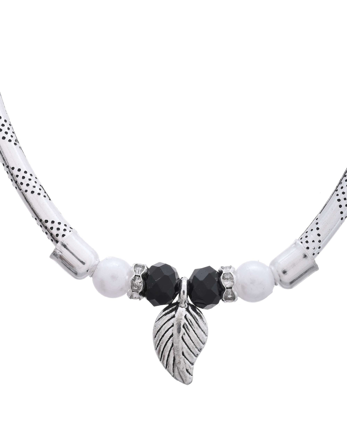 Jewels Nest Set of 2 Silver-Plated Black & White Beaded Anklets with Leaf Charm | Grocsy