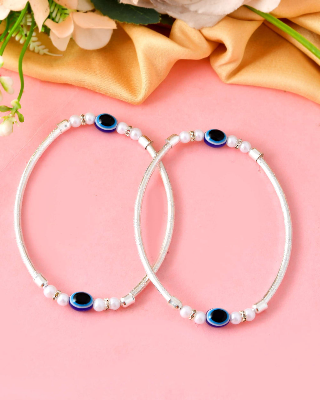 Jewels Nest Set of 2 Silver-Toned Anklets with Protective Evil Eye Beads | Grocsy