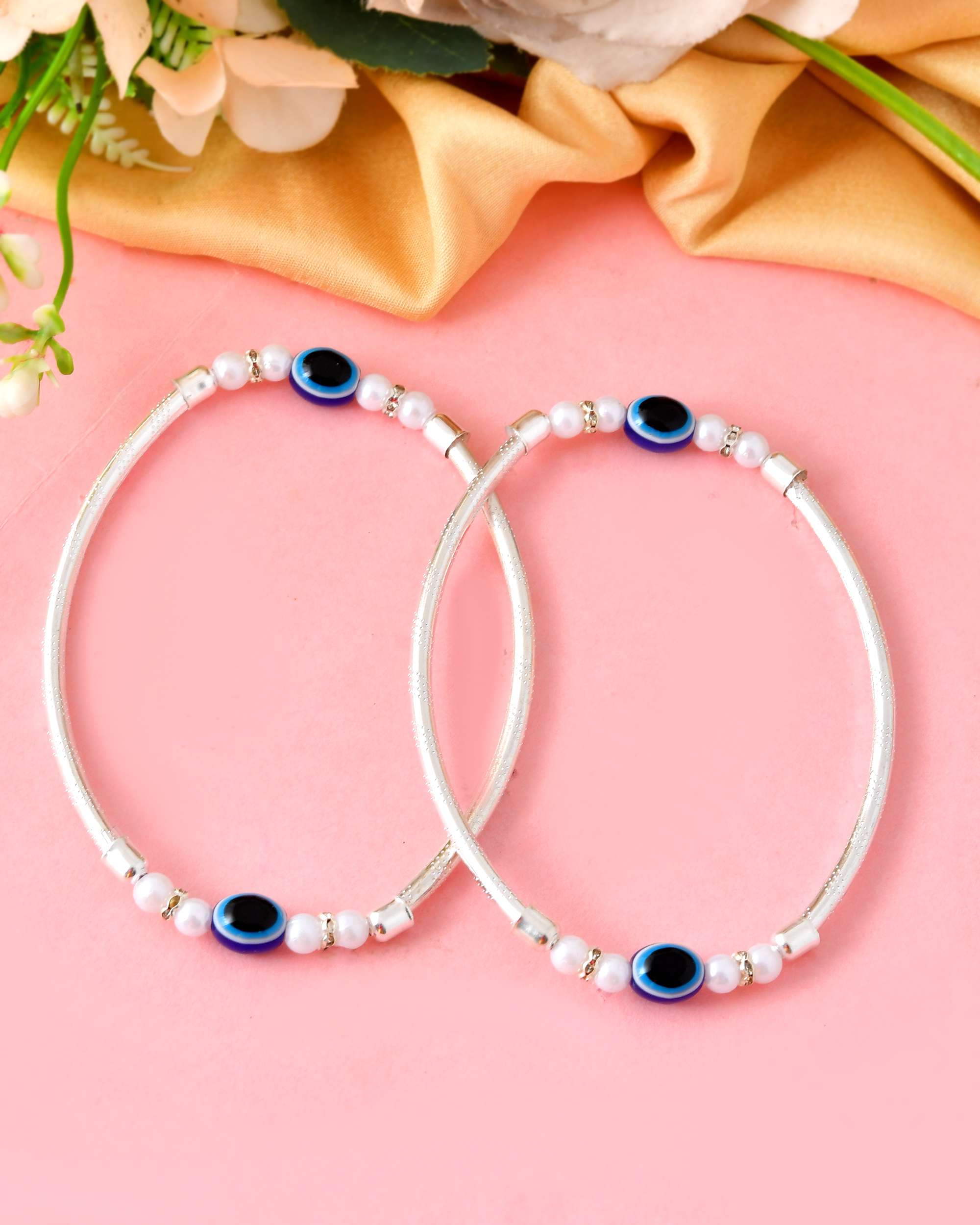 Jewels Nest Set of 2 Silver-Toned Anklets with Protective Evil Eye Beads | Grocsy