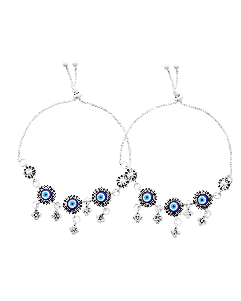 Jewels Nest Set of 2 Silver-Plated Stainless Steel Evil Eye & Stone-Studded Beaded Anklets | Grocsy