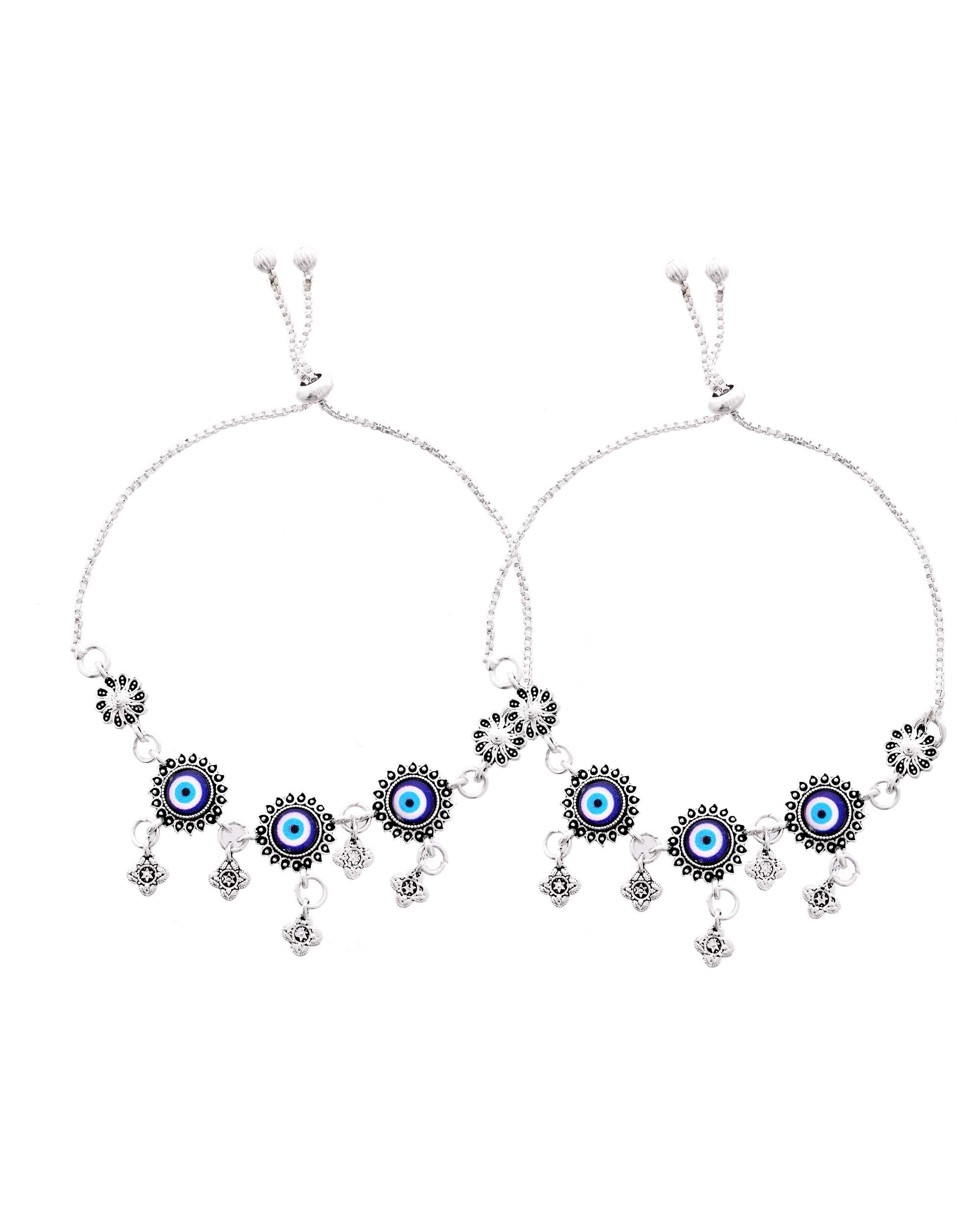 Jewels Nest Set of 2 Silver-Plated Stainless Steel Evil Eye & Stone-Studded Beaded Anklets | Grocsy