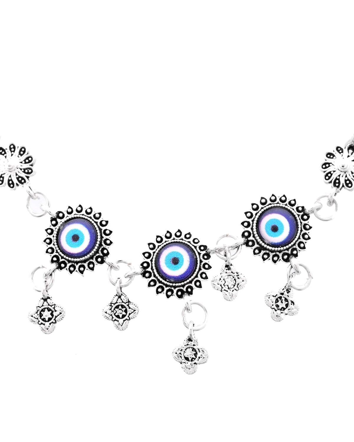 Jewels Nest Set of 2 Silver-Plated Stainless Steel Evil Eye & Stone-Studded Beaded Anklets | Grocsy