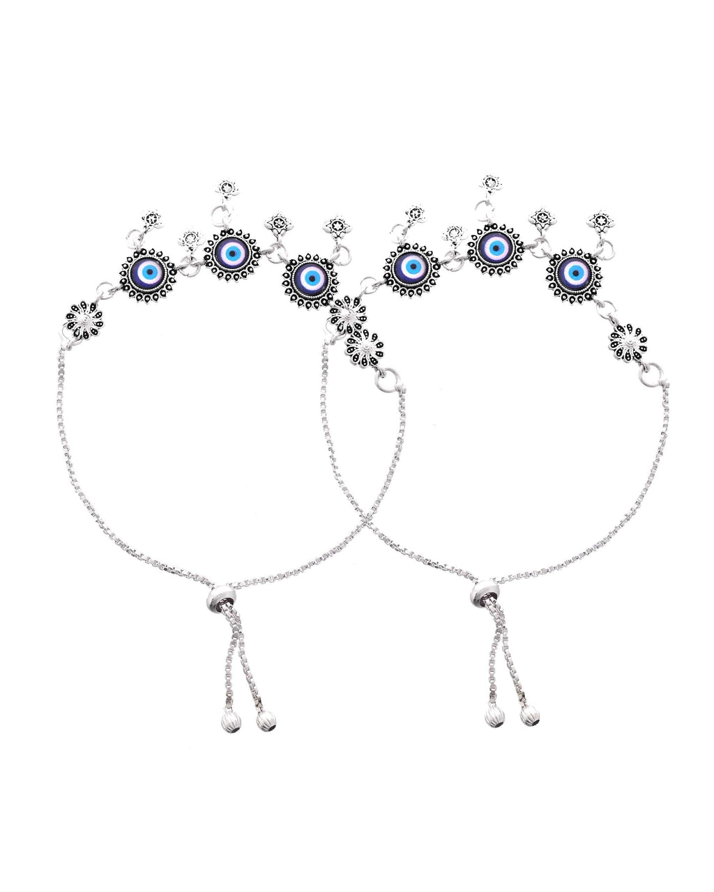 Jewels Nest Set of 2 Silver-Plated Stainless Steel Evil Eye & Stone-Studded Beaded Anklets | Grocsy
