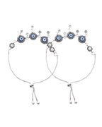 Jewels Nest Set of 2 Silver-Plated Stainless Steel Evil Eye & Stone-Studded Beaded Anklets | Grocsy