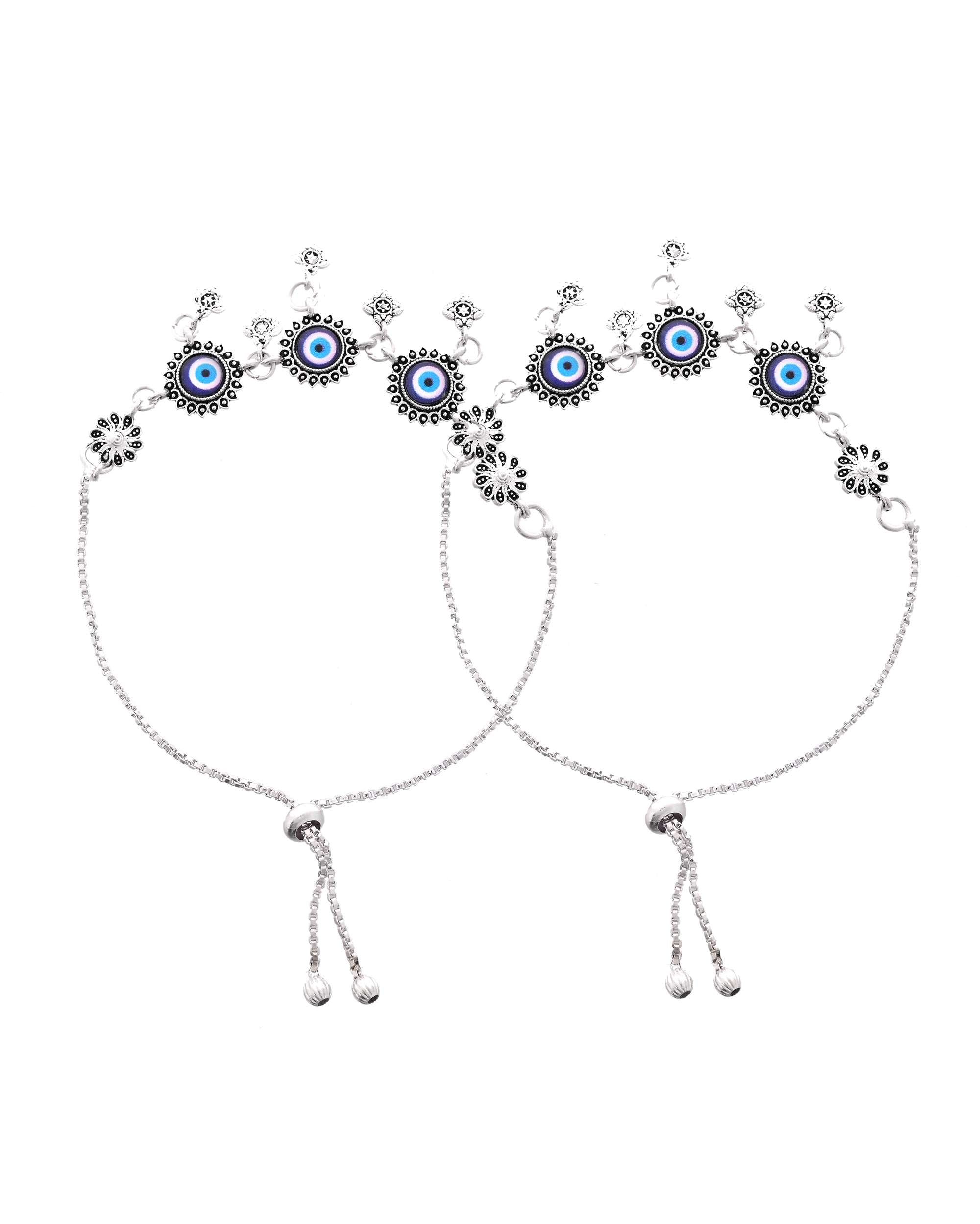 Jewels Nest Set of 2 Silver-Plated Stainless Steel Evil Eye & Stone-Studded Beaded Anklets | Grocsy