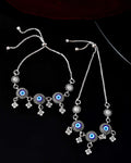 Jewels Nest Set of 2 Silver-Plated Stainless Steel Evil Eye & Stone-Studded Beaded Anklets | Grocsy
