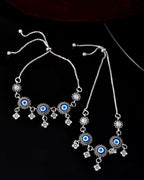 Jewels Nest Set of 2 Silver-Plated Stainless Steel Evil Eye & Stone-Studded Beaded Anklets | Grocsy