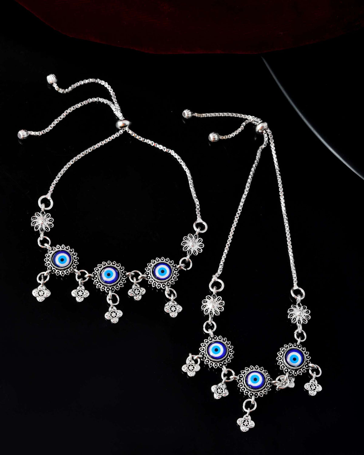 Jewels Nest Set of 2 Silver-Plated Stainless Steel Evil Eye & Stone-Studded Beaded Anklets | Grocsy