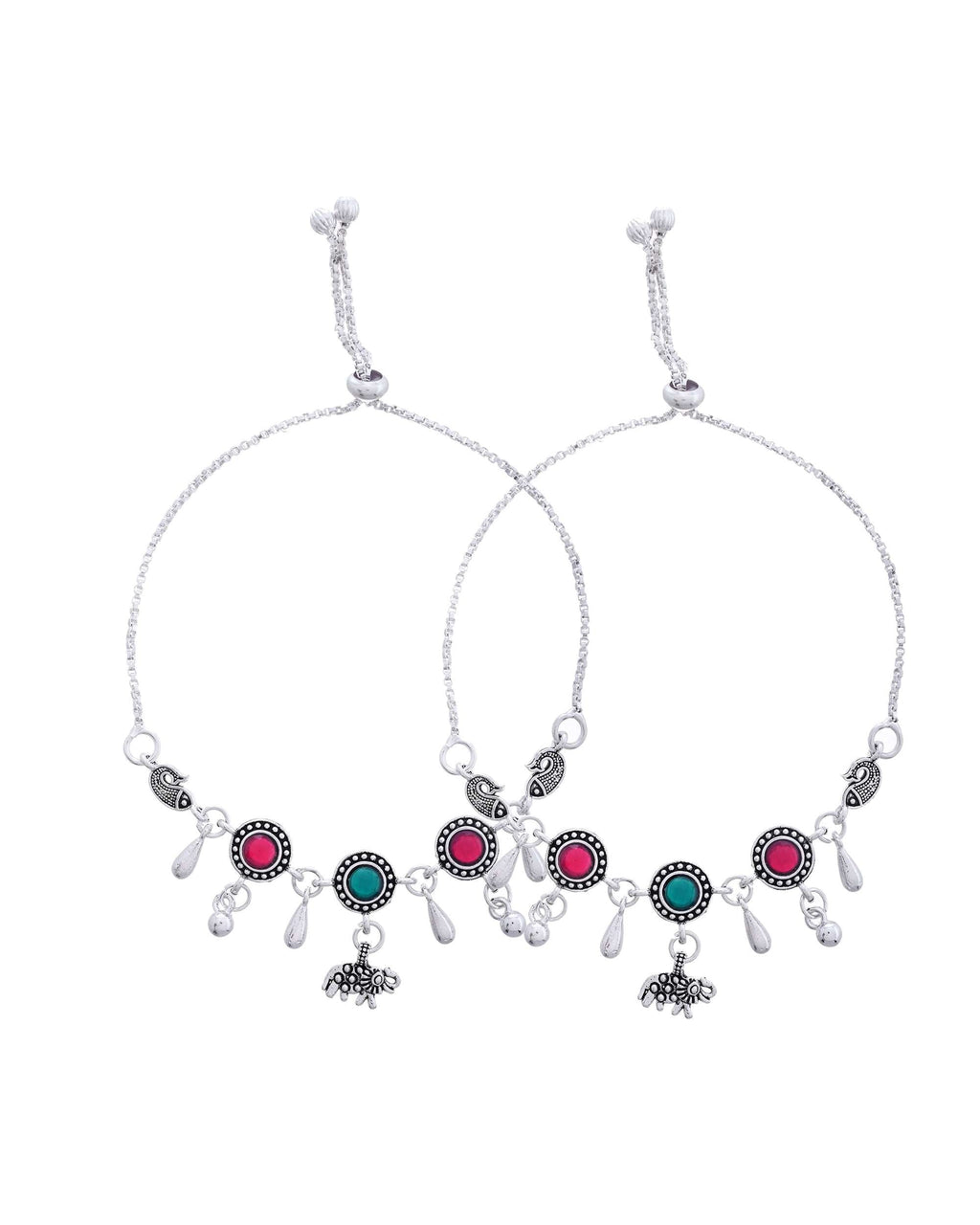 Jewels Nest Set of 2 Silver-Plated Artificial Stone Beaded Anklets with Multi-Colored Accents | Grocsy