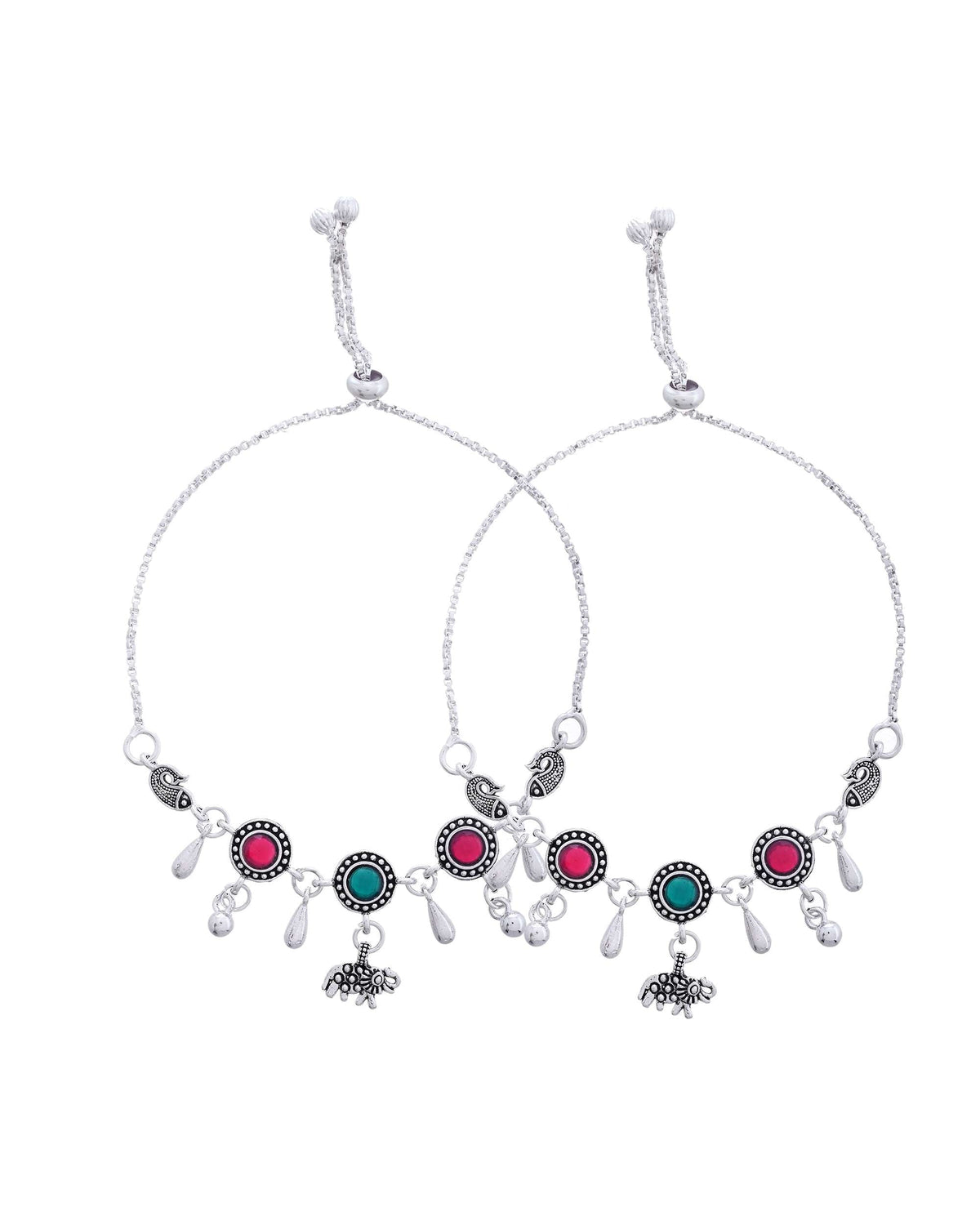 Jewels Nest Set of 2 Silver-Plated Artificial Stone Beaded Anklets with Multi-Colored Accents | Grocsy