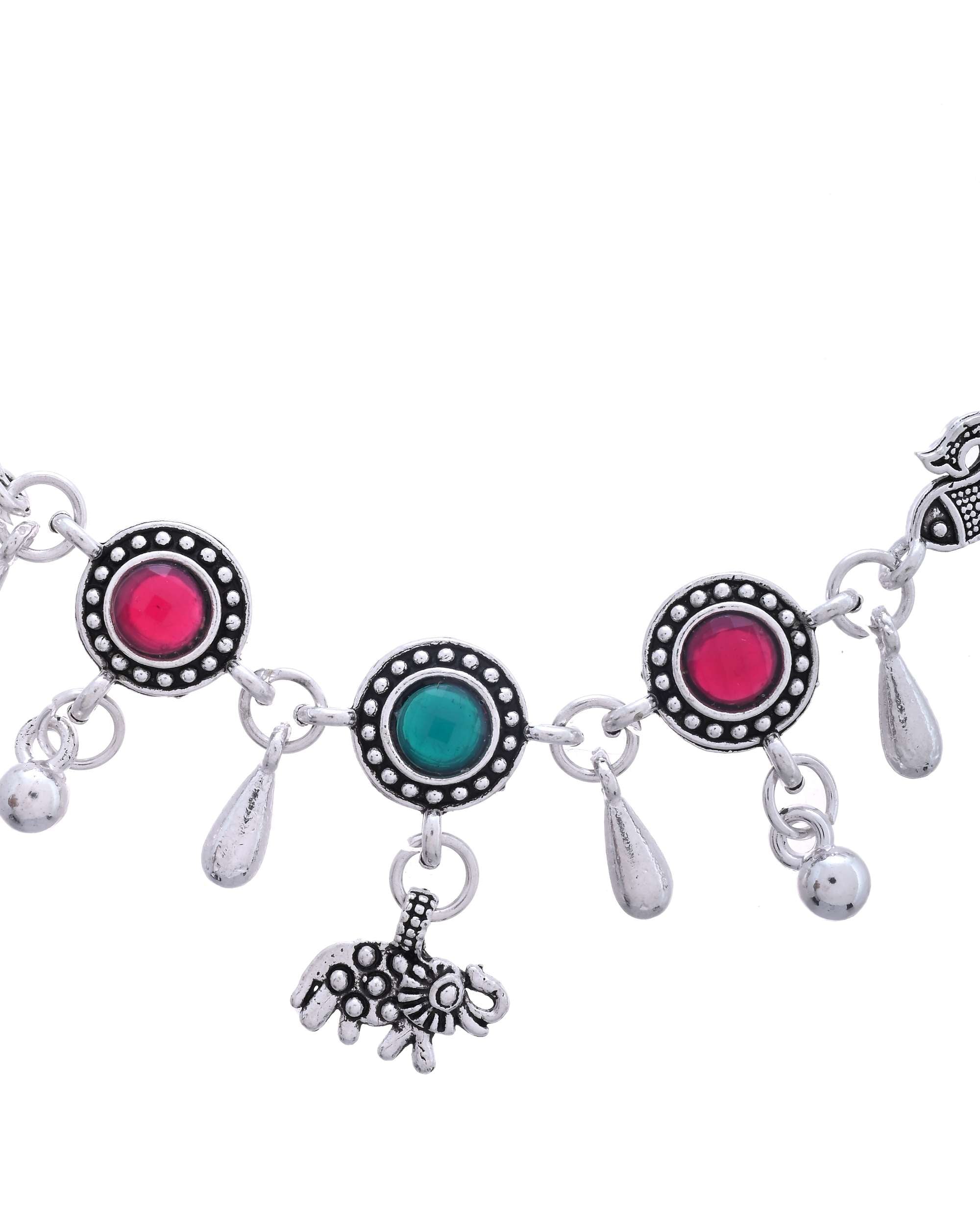 Jewels Nest Set of 2 Silver-Plated Artificial Stone Beaded Anklets with Multi-Colored Accents | Grocsy