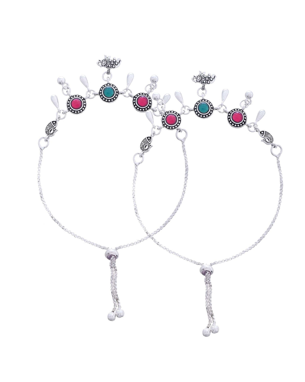 Jewels Nest Set of 2 Silver-Plated Artificial Stone Beaded Anklets with Multi-Colored Accents | Grocsy