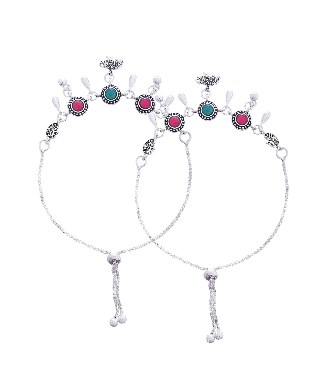 Jewels Nest Set of 2 Silver-Plated Artificial Stone Beaded Anklets with Multi-Colored Accents | Grocsy