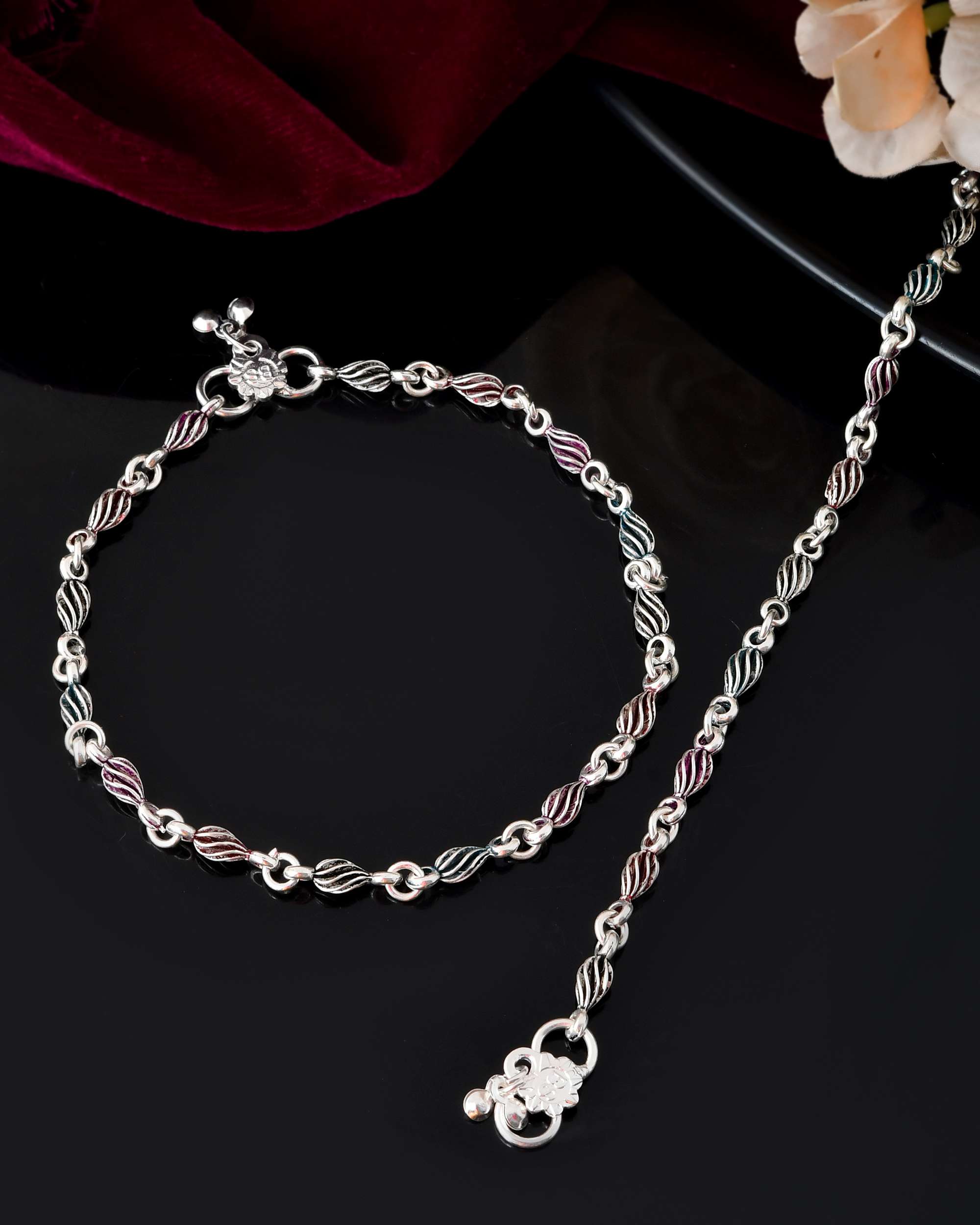 Jewels Nest Stainless Steel Silver-Tone Anklets with Leaf and Pearl Detailing | Grocsy
