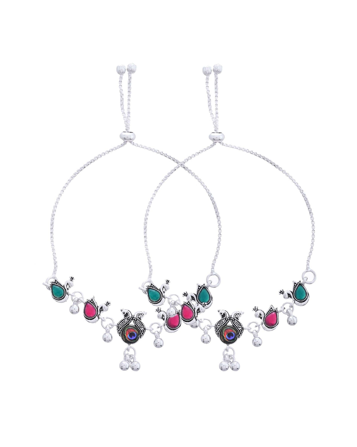 Jewels Nest Set of 2 Silver-Plated Green Stone & Bead Anklets in Stainless Steel | Grocsy