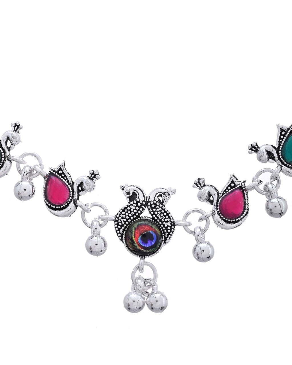 Jewels Nest Set of 2 Silver-Plated Green Stone & Bead Anklets in Stainless Steel | Grocsy
