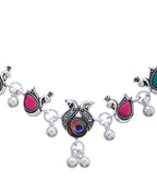 Jewels Nest Set of 2 Silver-Plated Green Stone & Bead Anklets in Stainless Steel | Grocsy