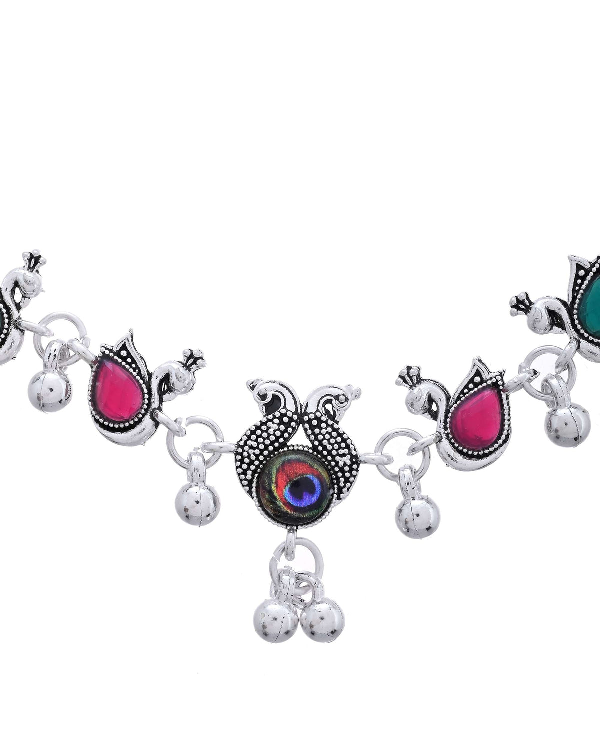 Jewels Nest Set of 2 Silver-Plated Green Stone & Bead Anklets in Stainless Steel | Grocsy