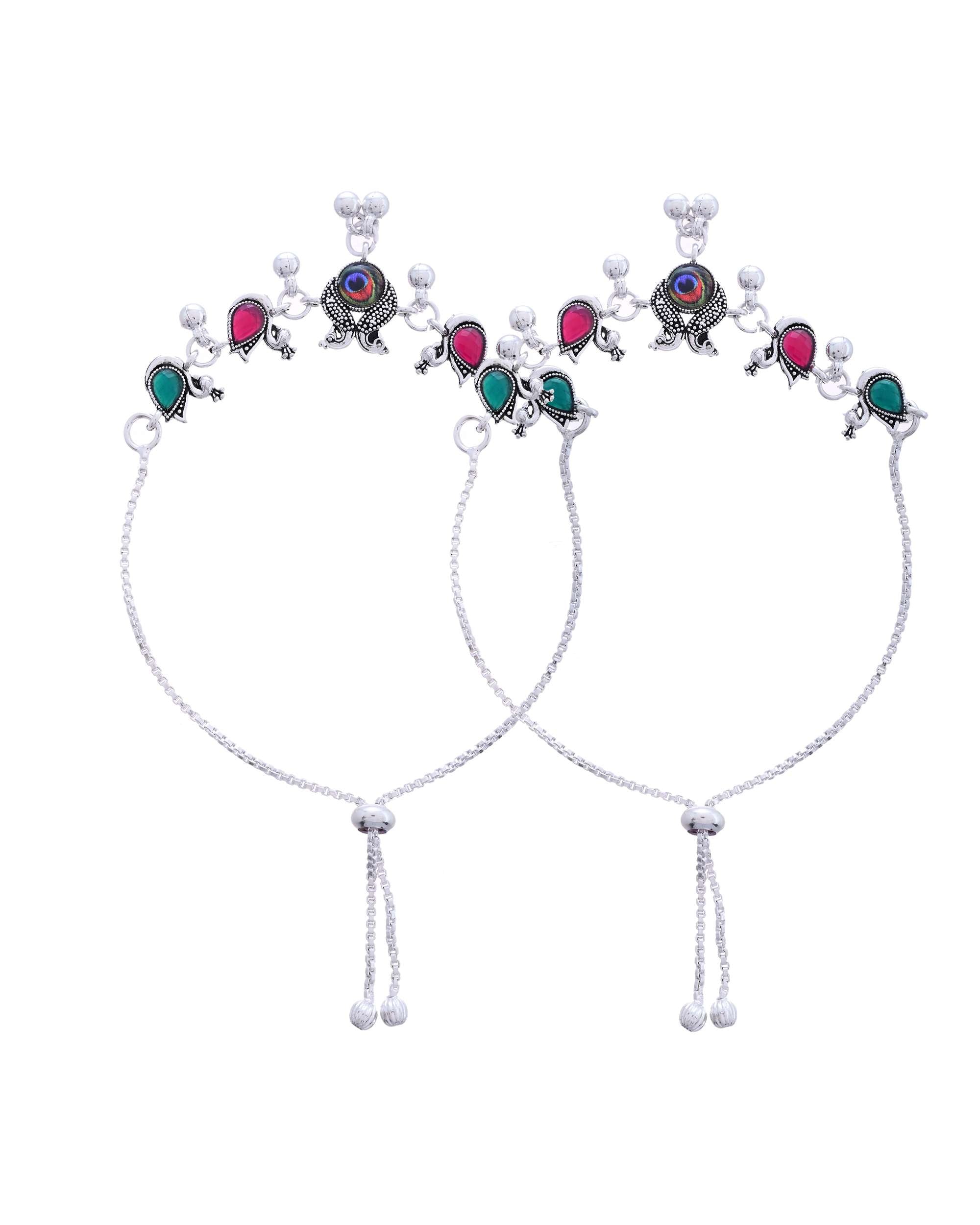 Jewels Nest Set of 2 Silver-Plated Green Stone & Bead Anklets in Stainless Steel | Grocsy