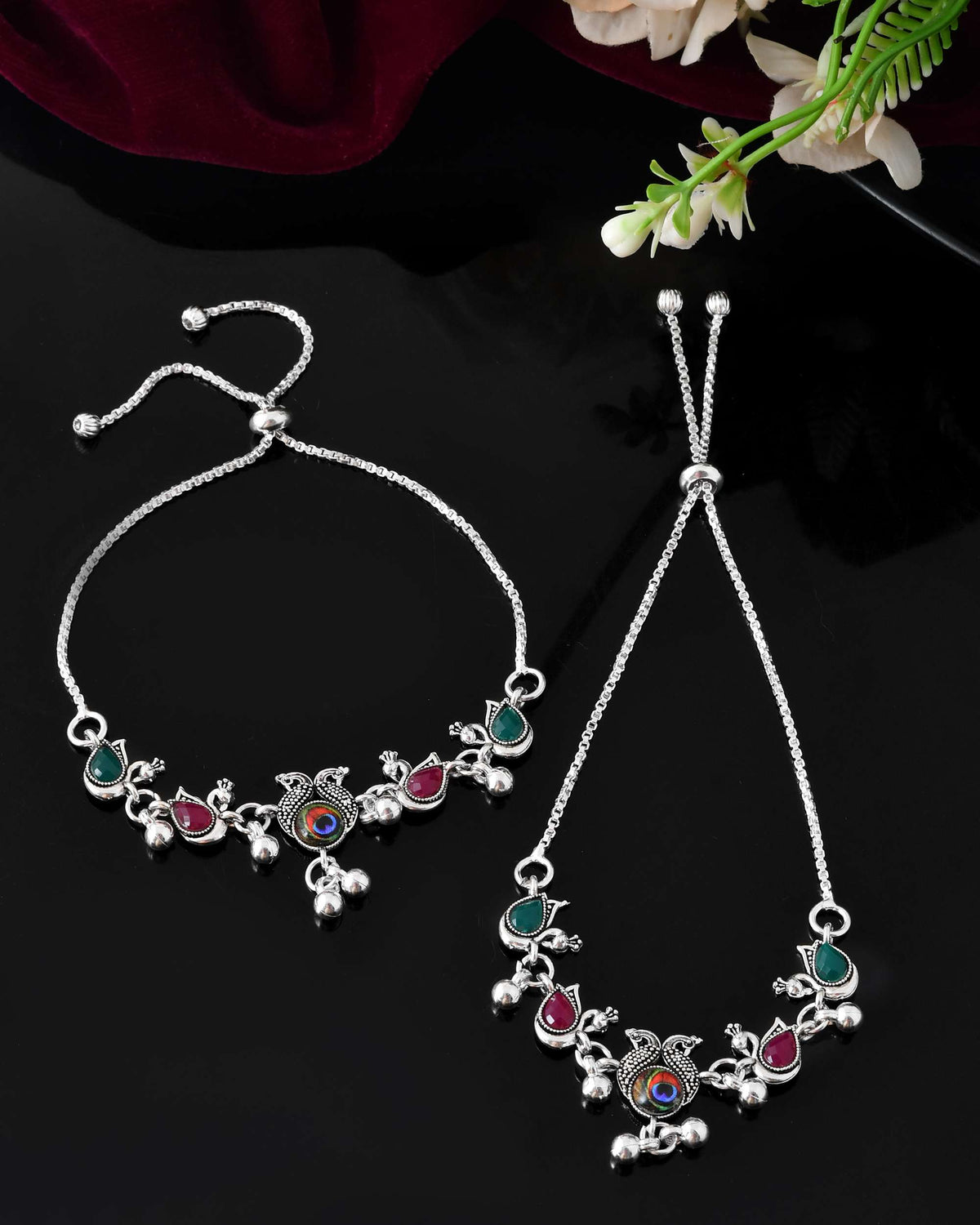 Jewels Nest Set of 2 Silver-Plated Green Stone & Bead Anklets in Stainless Steel | Grocsy