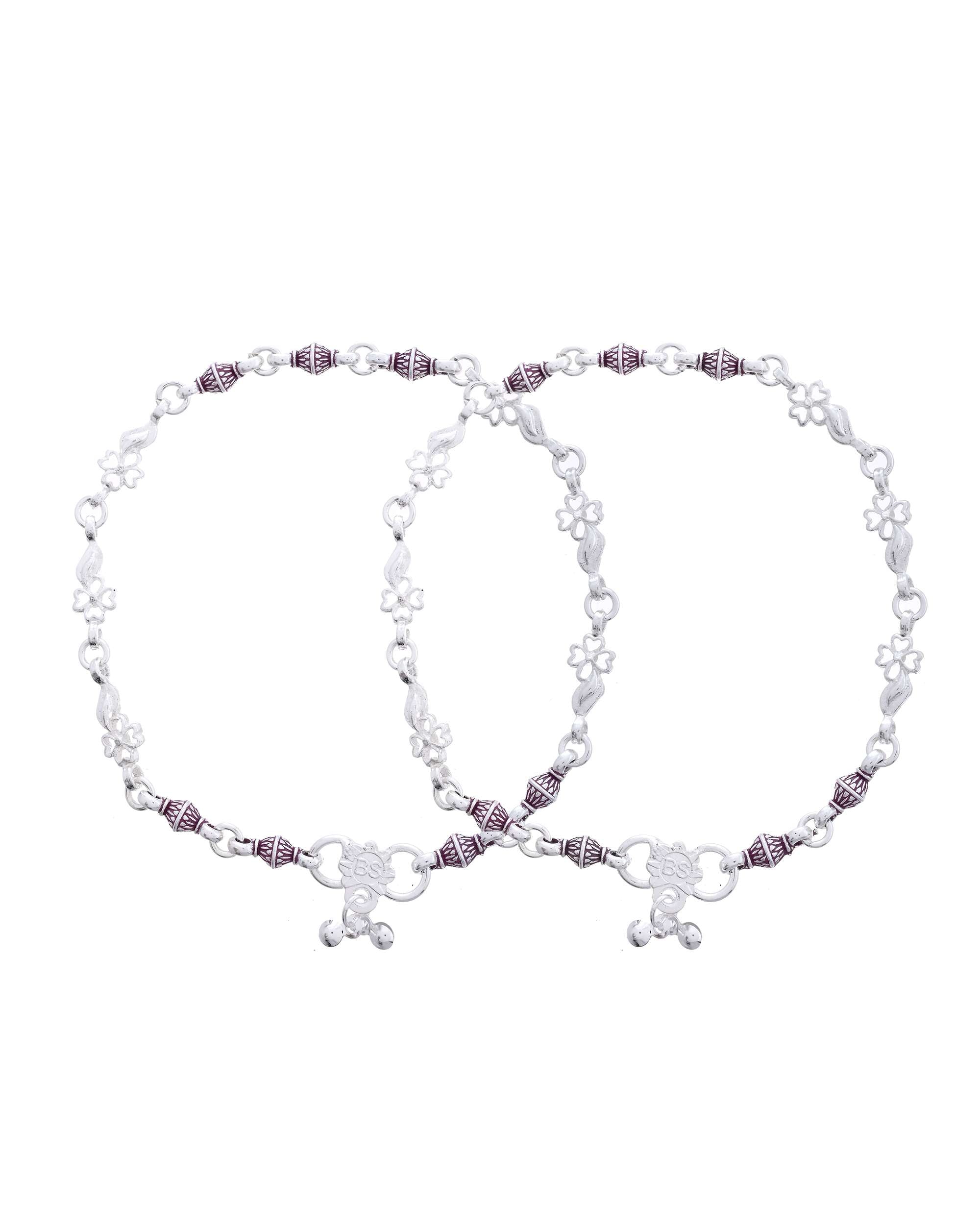 Jewels Nest Set of 2 Silver-Plated Stainless Steel Anklets with Pink Artificial Beads | Grocsy