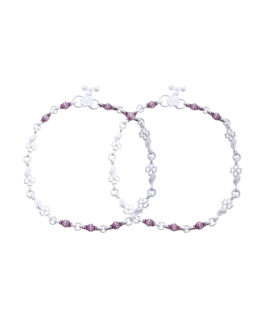 Jewels Nest Set of 2 Silver-Plated Stainless Steel Anklets with Pink Artificial Beads | Grocsy