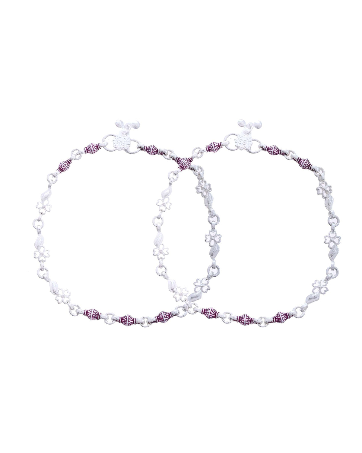 Jewels Nest Set of 2 Silver-Plated Stainless Steel Anklets with Pink Artificial Beads | Grocsy