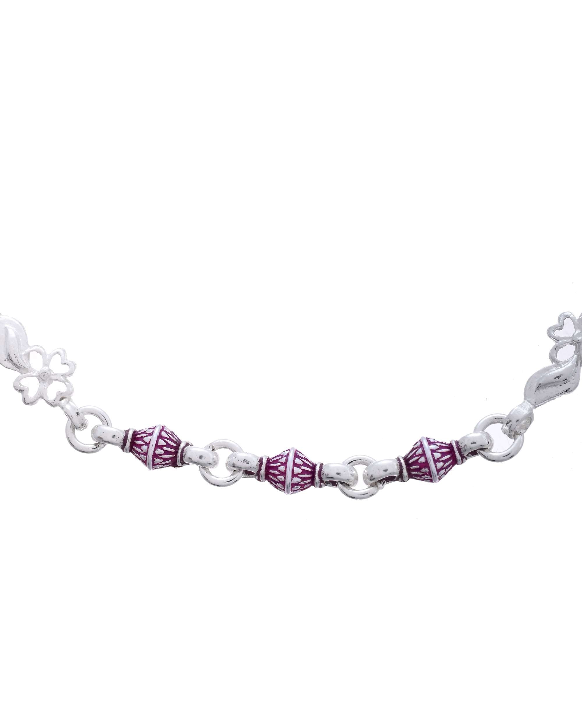 Jewels Nest Set of 2 Silver-Plated Stainless Steel Anklets with Pink Artificial Beads | Grocsy