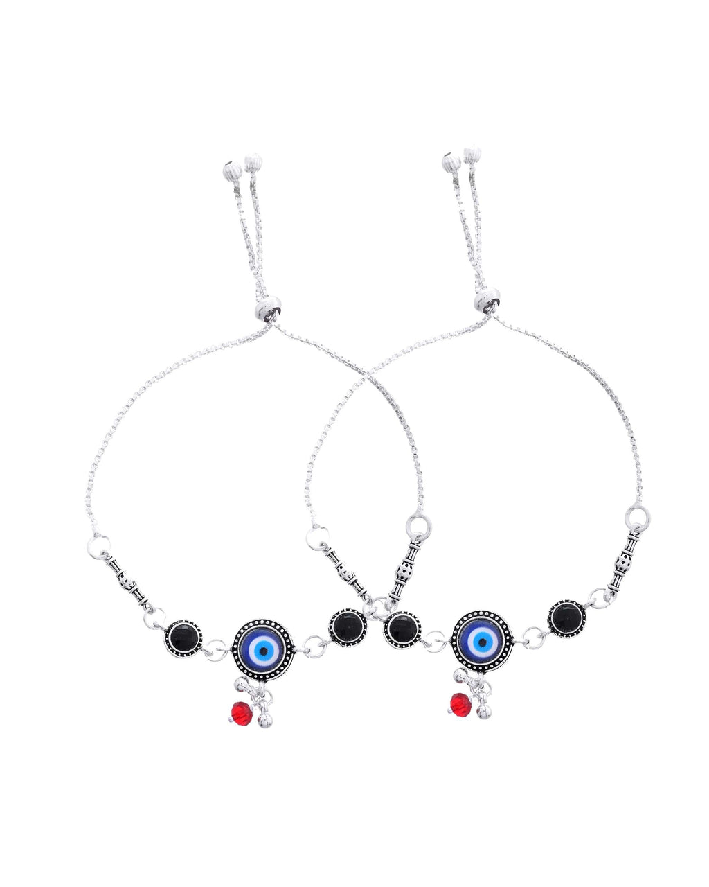 Jewels Nest Set of 2 Silver-Plated Beaded Anklets with Black & Blue Evil Eye Charms | Grocsy