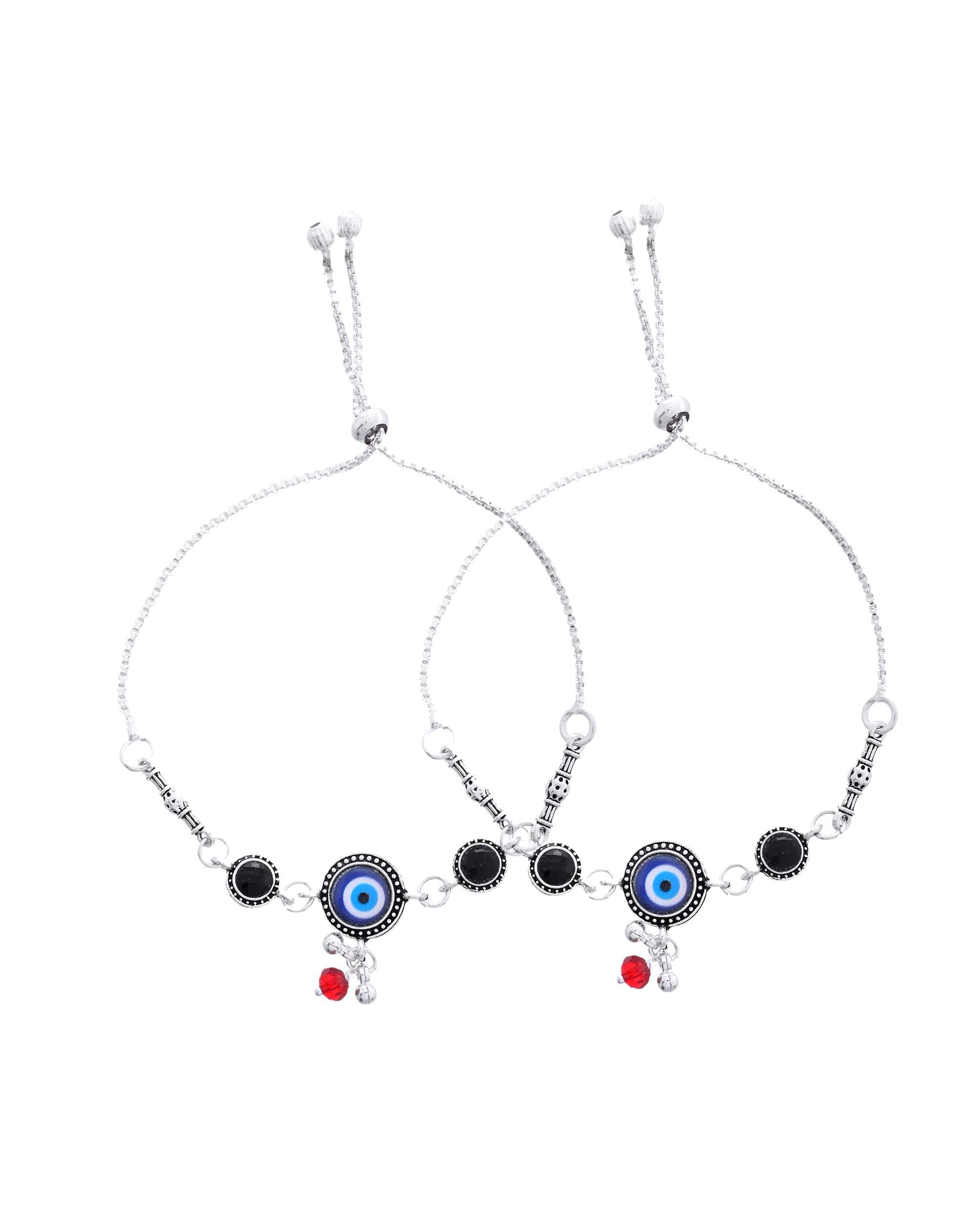 Jewels Nest Set of 2 Silver-Plated Beaded Anklets with Black & Blue Evil Eye Charms | Grocsy