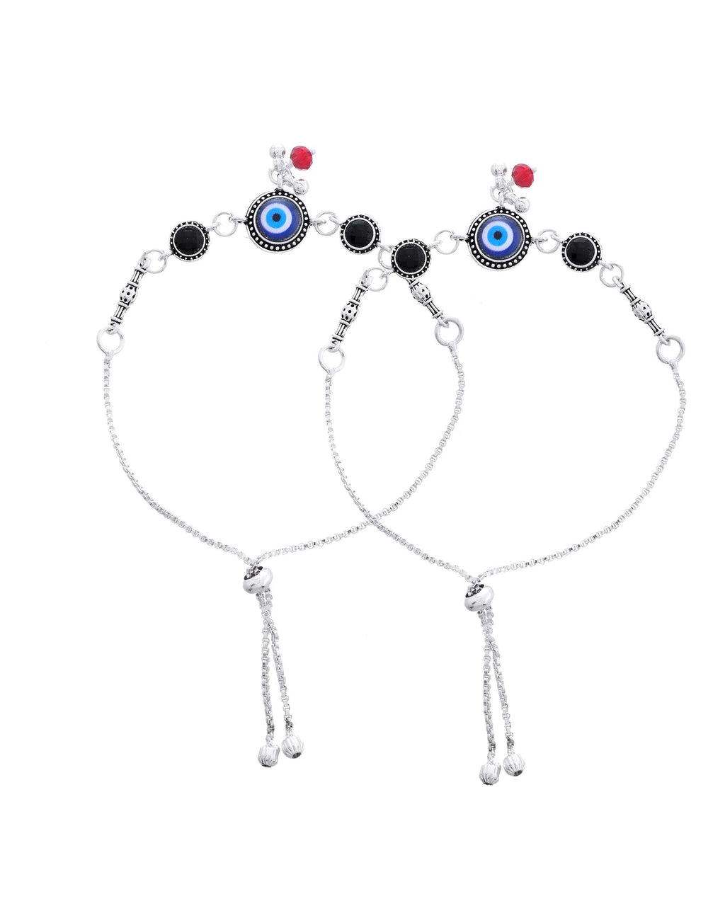 Jewels Nest Set of 2 Silver-Plated Beaded Anklets with Black & Blue Evil Eye Charms | Grocsy
