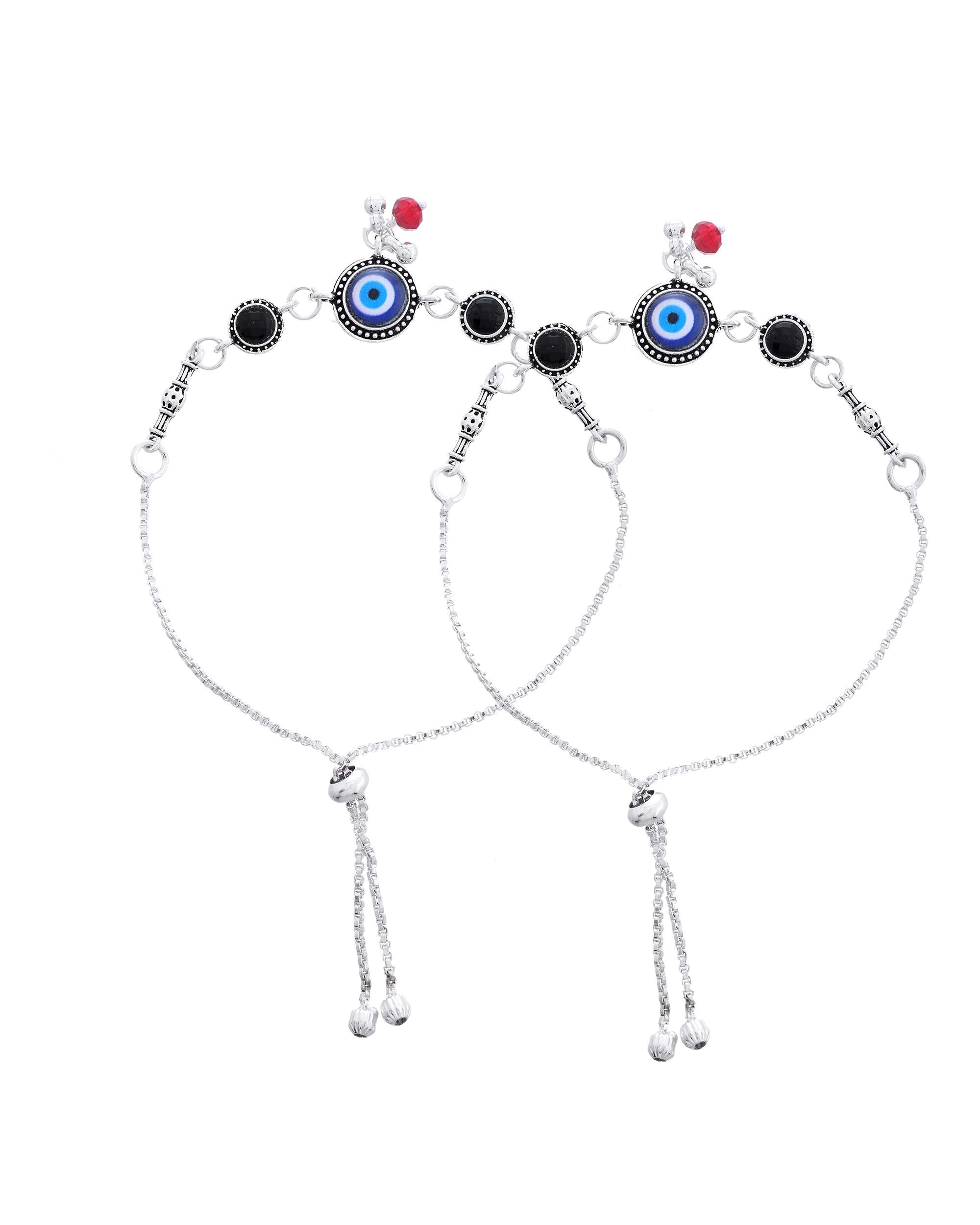 Jewels Nest Set of 2 Silver-Plated Beaded Anklets with Black & Blue Evil Eye Charms | Grocsy