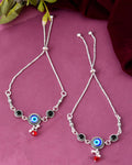 Jewels Nest Set of 2 Silver-Plated Beaded Anklets with Black & Blue Evil Eye Charms | Grocsy