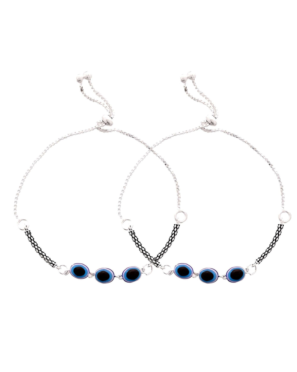 Jewels Nest Set of 2 Silver-Plated Stainless Steel Evil Eye Oval Beaded Anklets | Grocsy