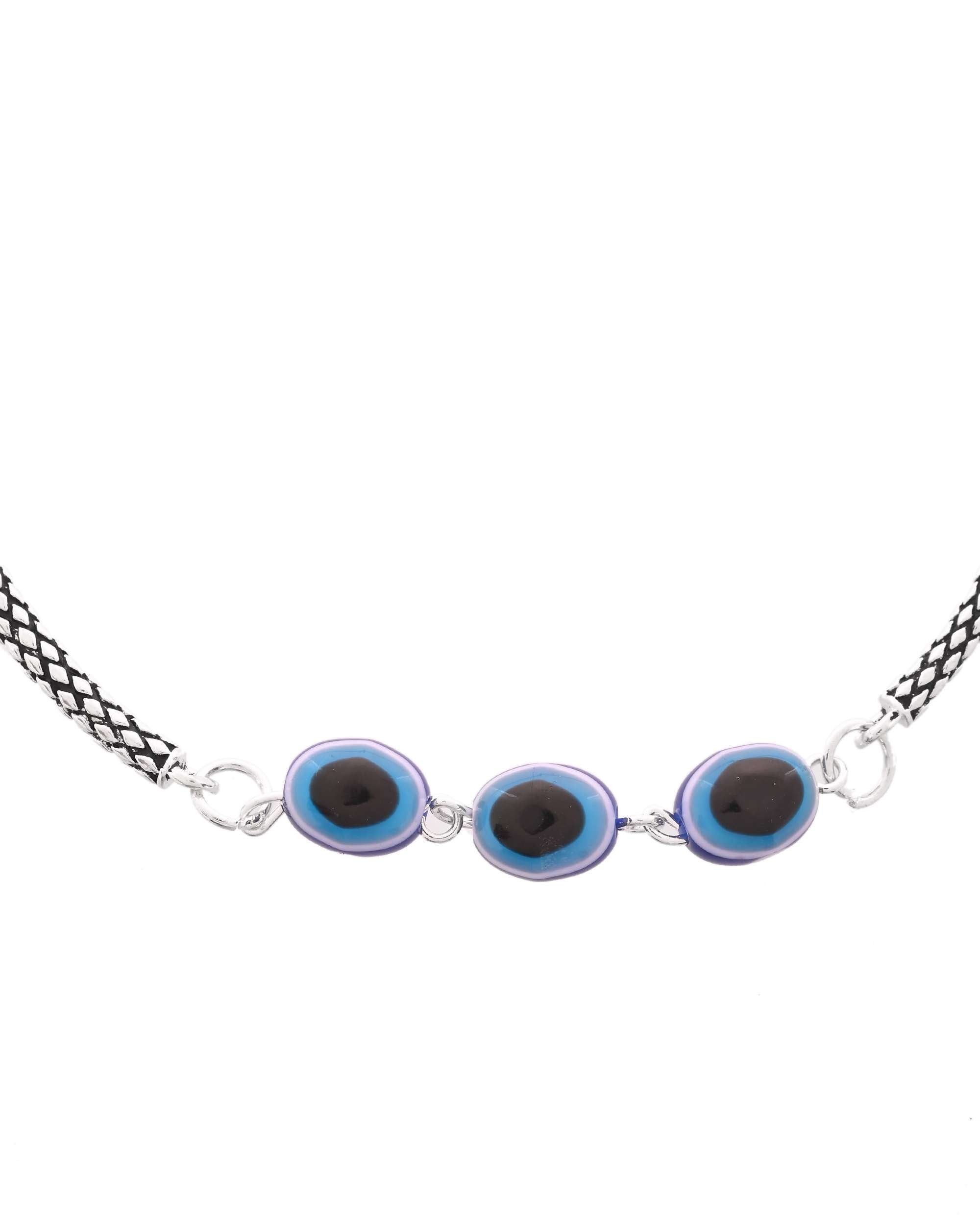 Jewels Nest Set of 2 Silver-Plated Stainless Steel Evil Eye Oval Beaded Anklets | Grocsy