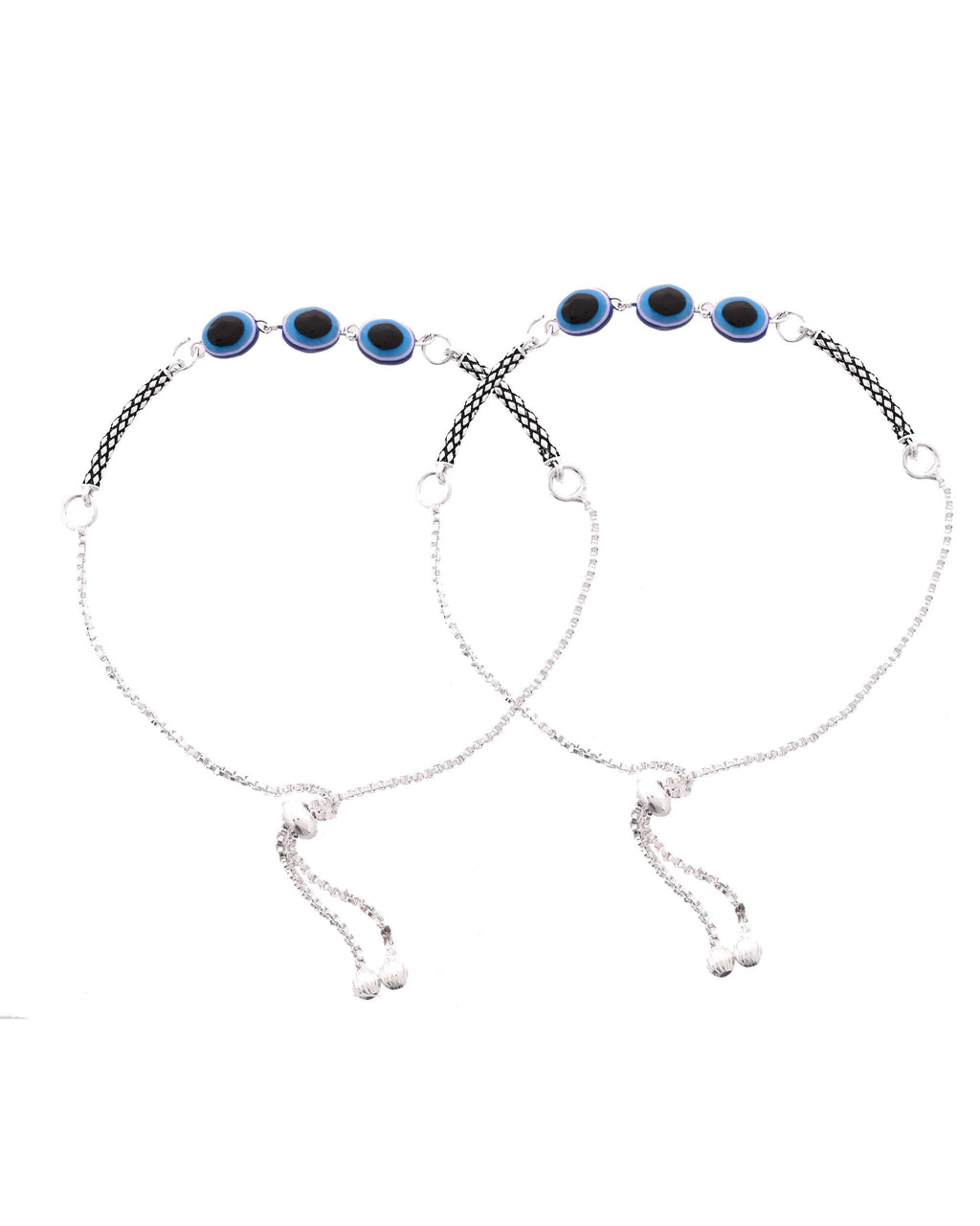 Jewels Nest Set of 2 Silver-Plated Stainless Steel Evil Eye Oval Beaded Anklets | Grocsy