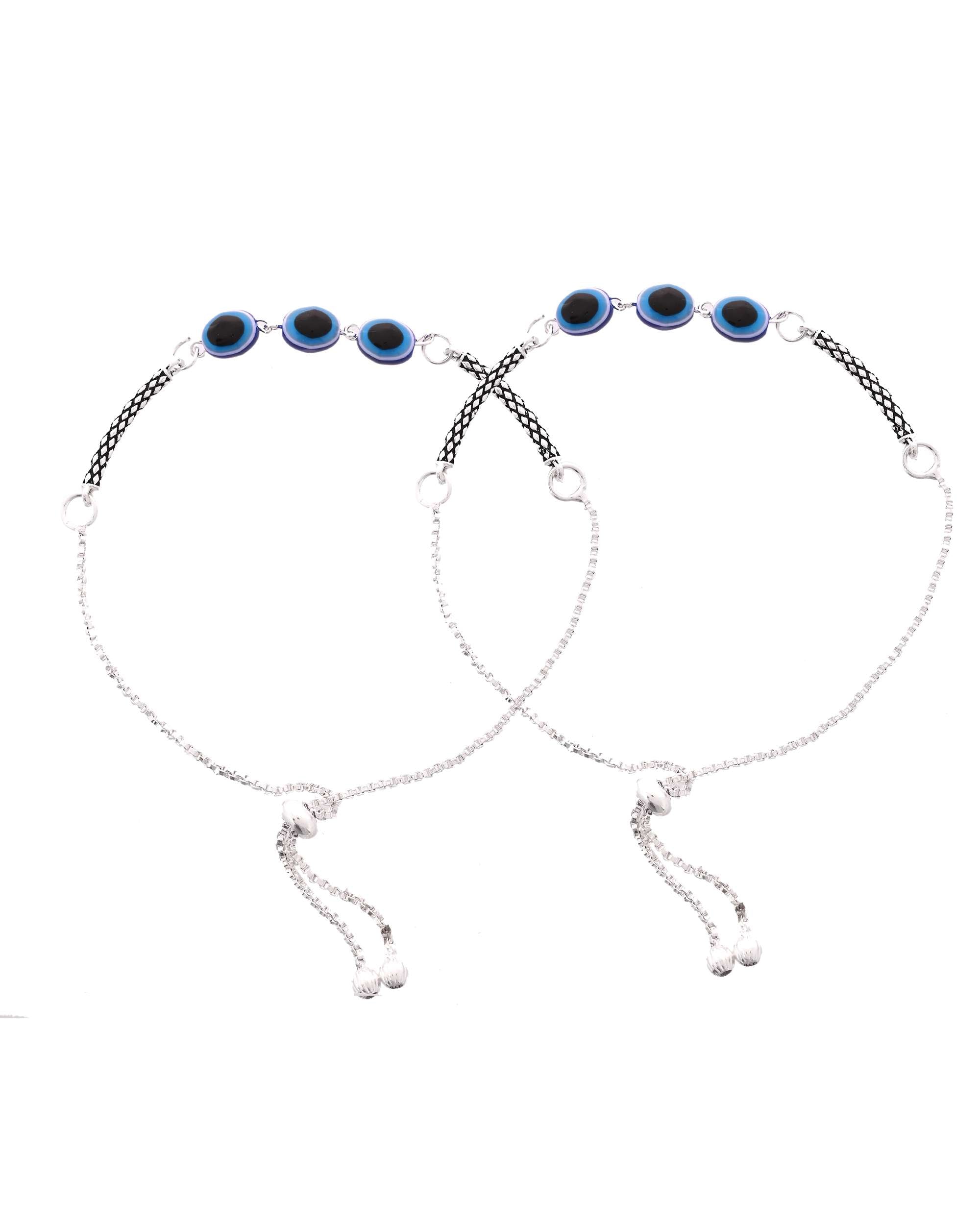 Jewels Nest Set of 2 Silver-Plated Stainless Steel Evil Eye Oval Beaded Anklets | Grocsy