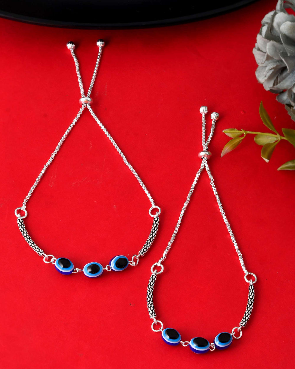 Jewels Nest Set of 2 Silver-Plated Stainless Steel Evil Eye Oval Beaded Anklets | Grocsy