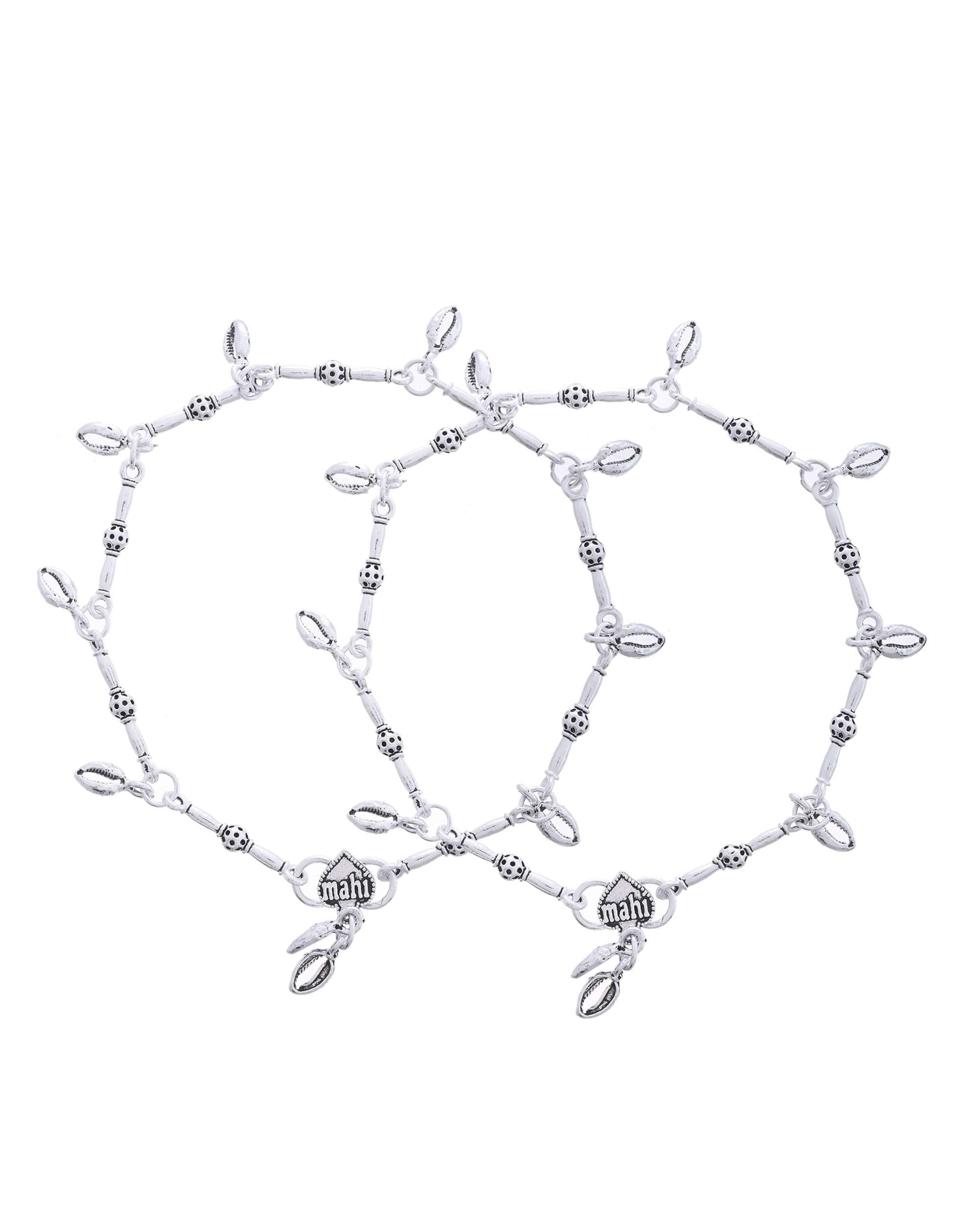 Jewels Nest Oxidized Silver-Toned Tribal Barrel Charm Anklet – Set of 2 | Grocsy