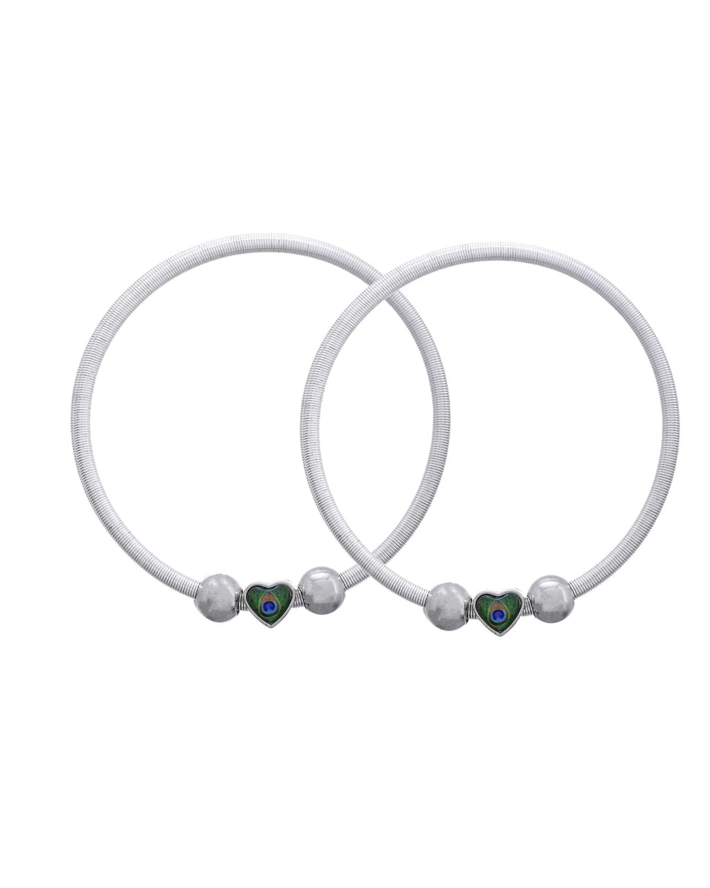 Jewels Nest Set of 2 Silver-Plated Stainless Steel Heart-Shaped Peacock Stone Beaded Anklets | Grocsy