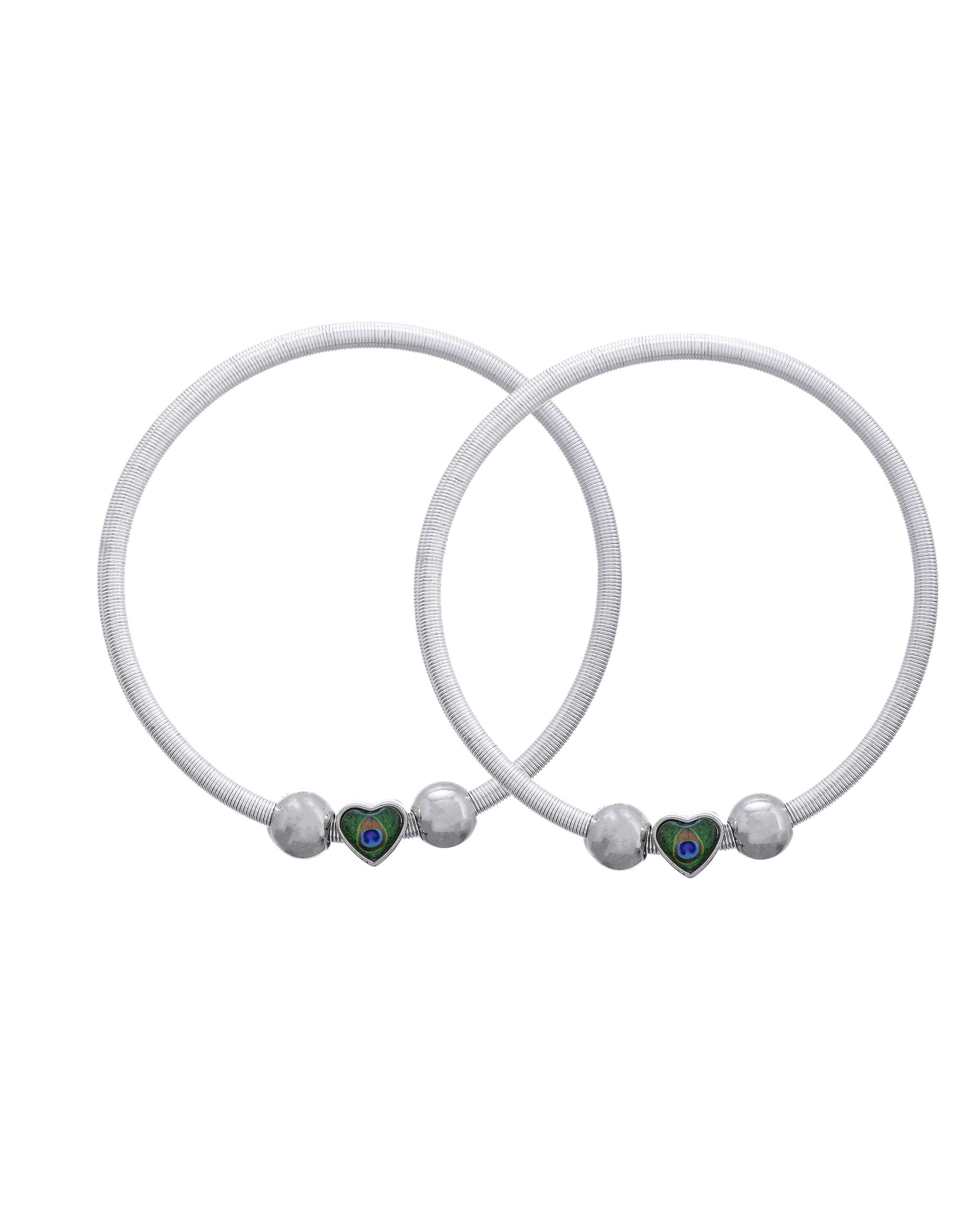 Jewels Nest Set of 2 Silver-Plated Stainless Steel Heart-Shaped Peacock Stone Beaded Anklets | Grocsy