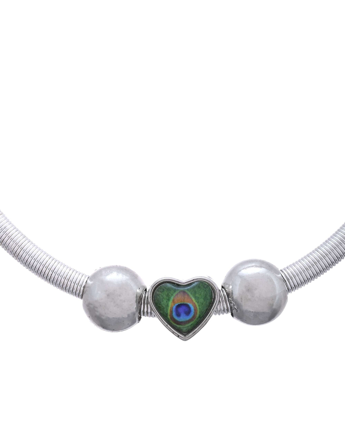 Jewels Nest Set of 2 Silver-Plated Stainless Steel Heart-Shaped Peacock Stone Beaded Anklets | Grocsy