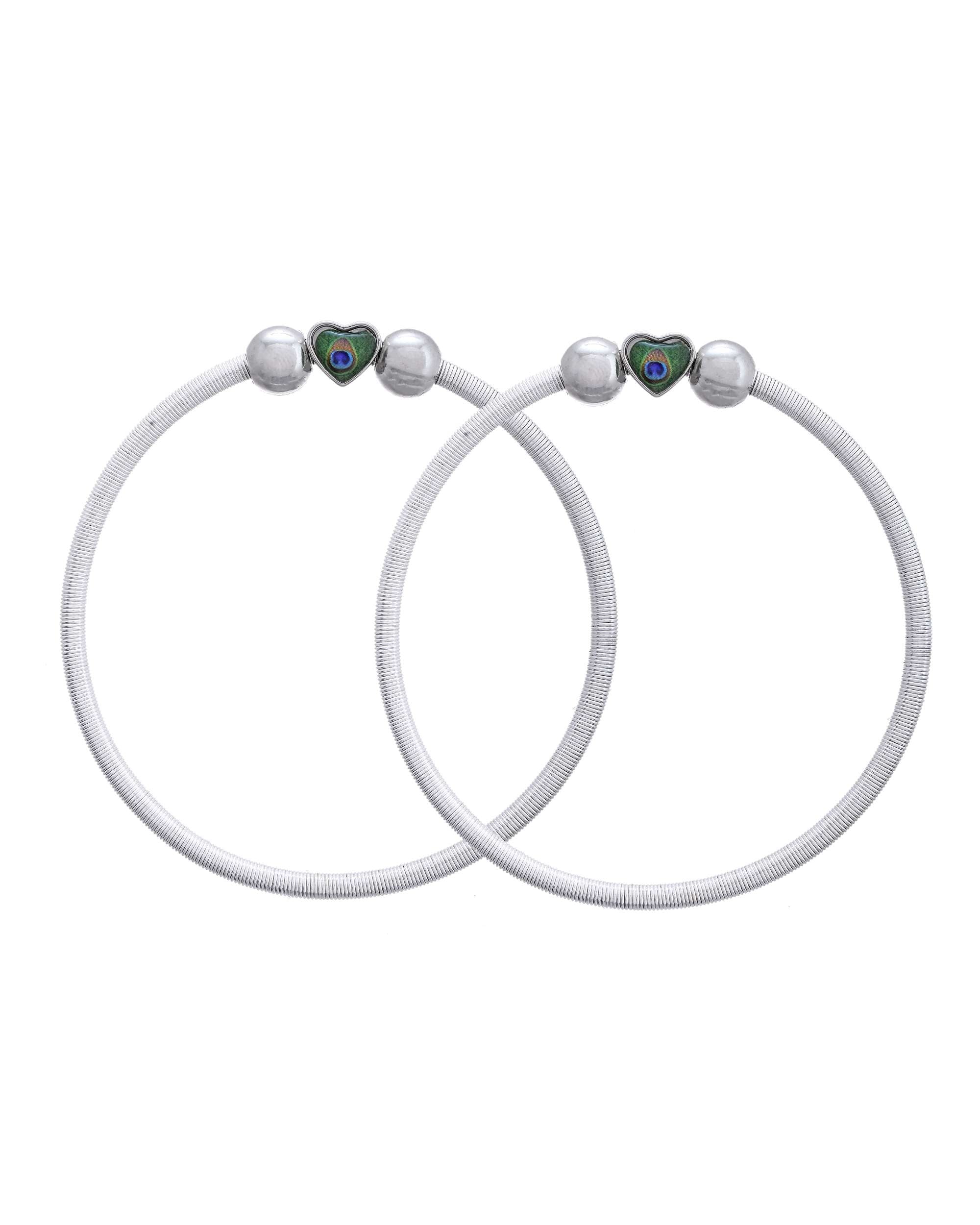 Jewels Nest Set of 2 Silver-Plated Stainless Steel Heart-Shaped Peacock Stone Beaded Anklets | Grocsy
