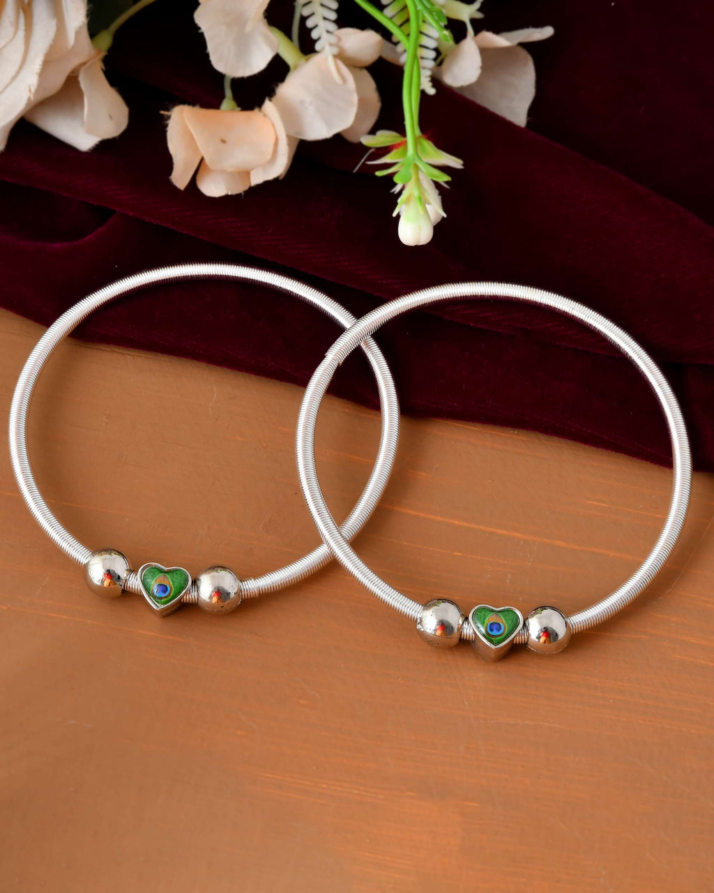 Jewels Nest Set of 2 Silver-Plated Stainless Steel Heart-Shaped Peacock Stone Beaded Anklets | Grocsy