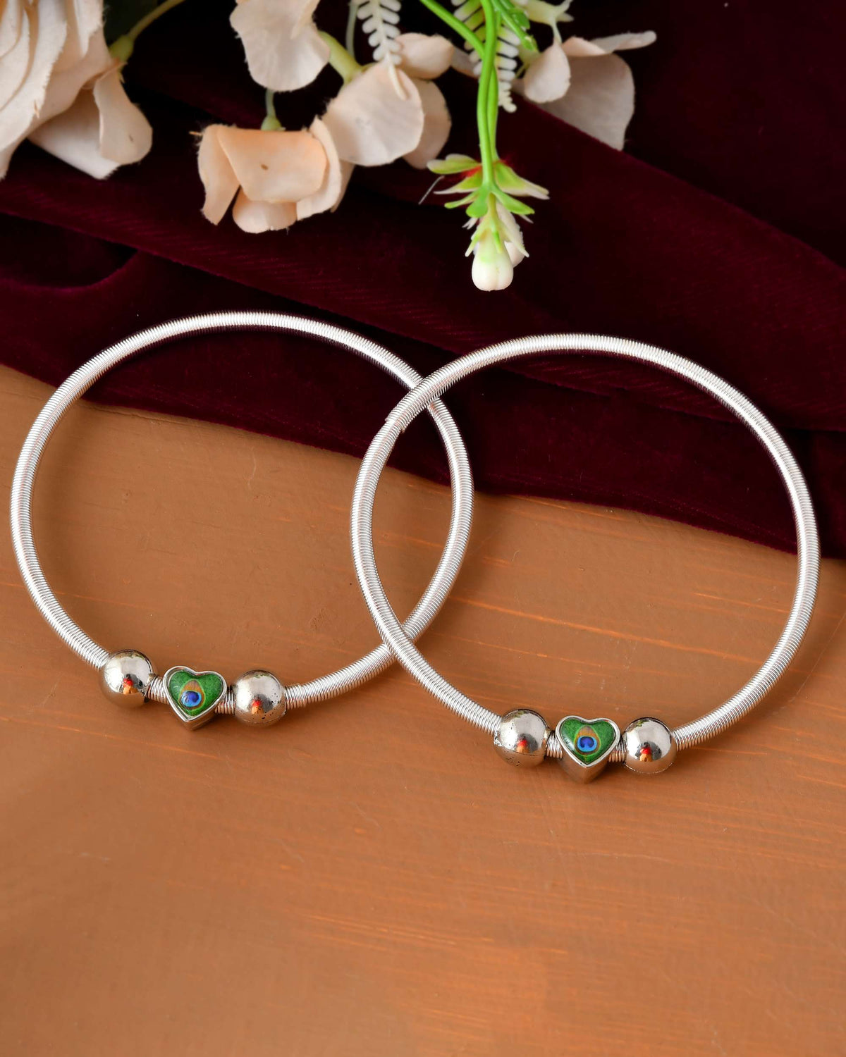 Jewels Nest Set of 2 Silver-Plated Stainless Steel Heart-Shaped Peacock Stone Beaded Anklets | Grocsy