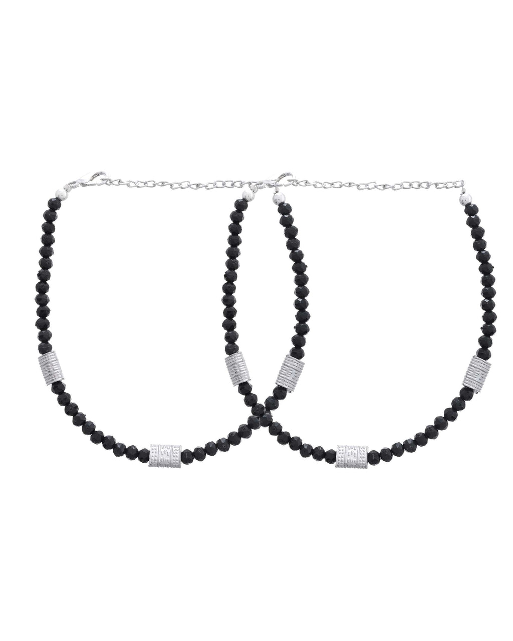 Jewels Nest Set of 2 Silver-Plated Anklets with Polished Black Beads and Barrel Charms | Grocsy